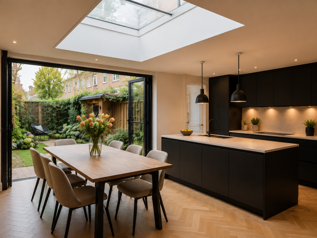 Aanbouw met moderne leefkeuken in Amsterdam Noord